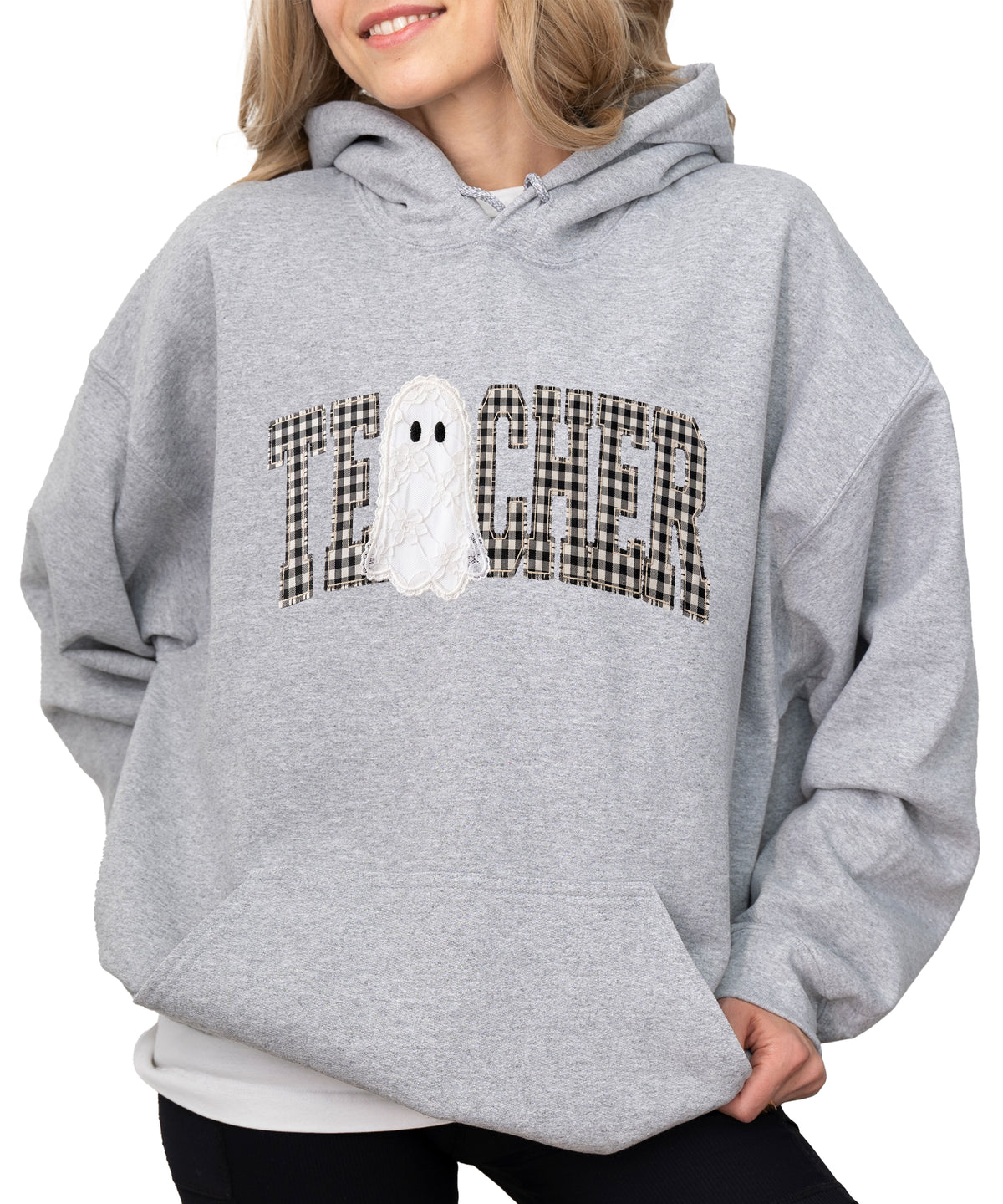 Gray gingham ghost teacher hoodie, lifestyle view