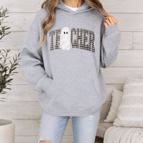 Gray gingham ghost teacher hoodie, alternate view