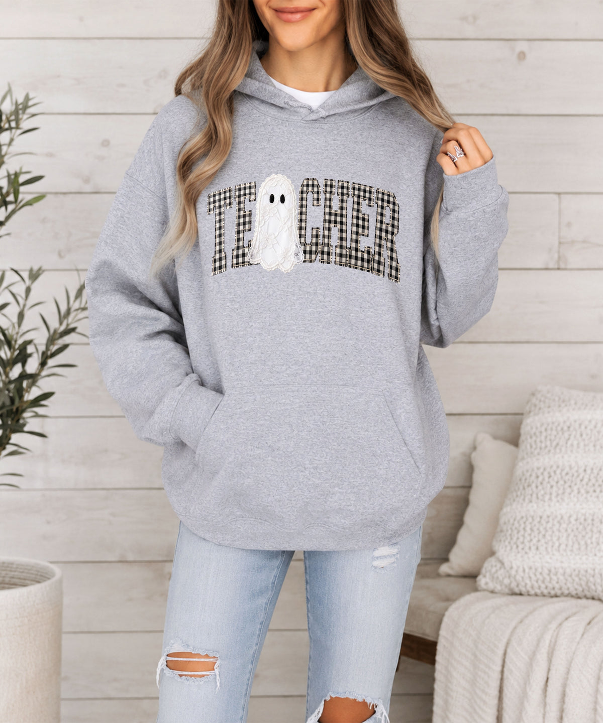 Gray gingham ghost teacher hoodie, alternate view