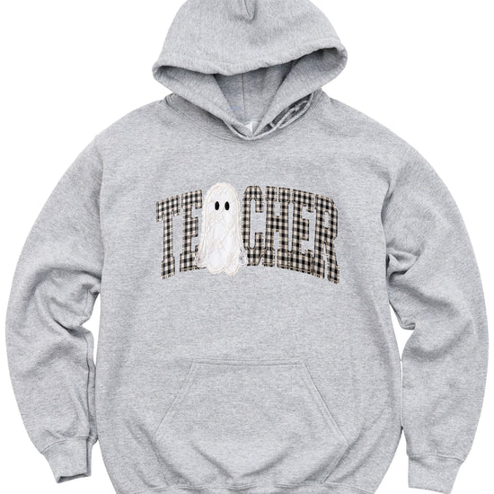 Gray gingham ghost teacher hoodie, detail view