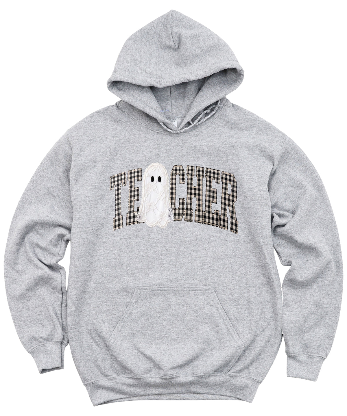 Gray gingham ghost teacher hoodie, detail view