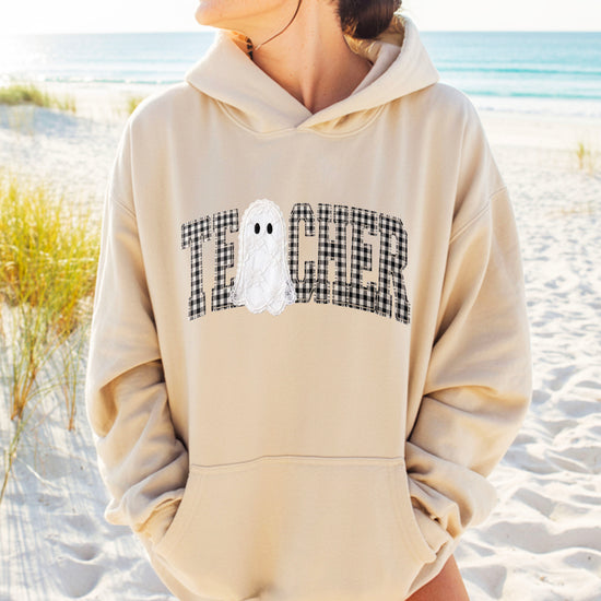 Sand gingham ghost teacher hoodie, alternate view