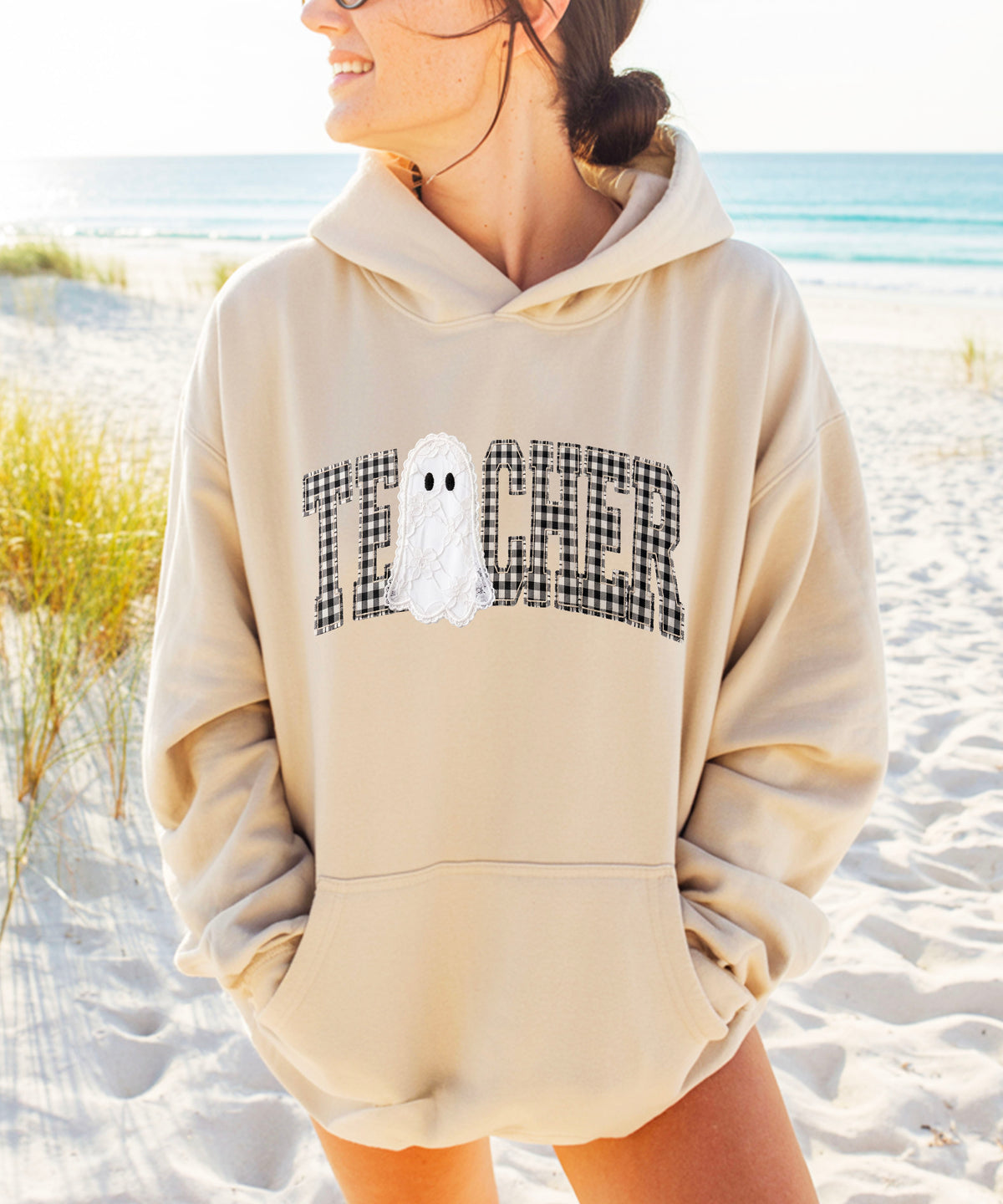 Sand gingham ghost teacher hoodie, alternate view