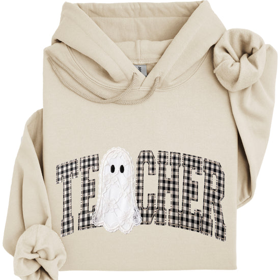 Sand gingham ghost teacher hoodie, detail view