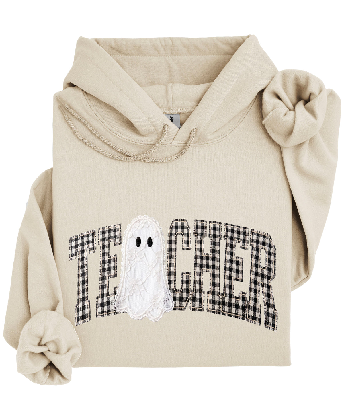 Sand gingham ghost teacher hoodie, detail view