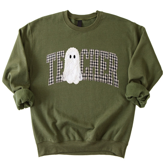 Army green teacher Halloween crewneck sweatshirt styled lifestyle view