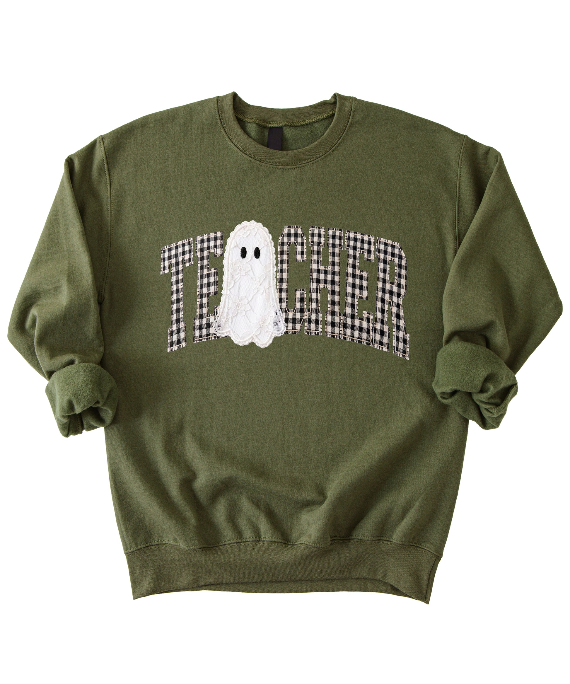 Army green teacher Halloween crewneck sweatshirt styled lifestyle view