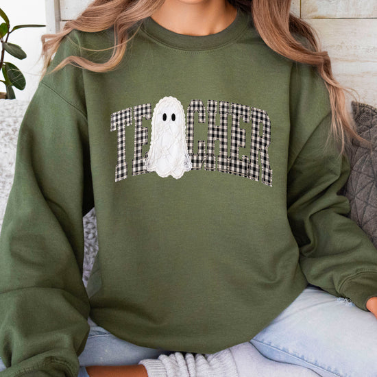 Army green teacher Halloween crewneck sweatshirt detail view