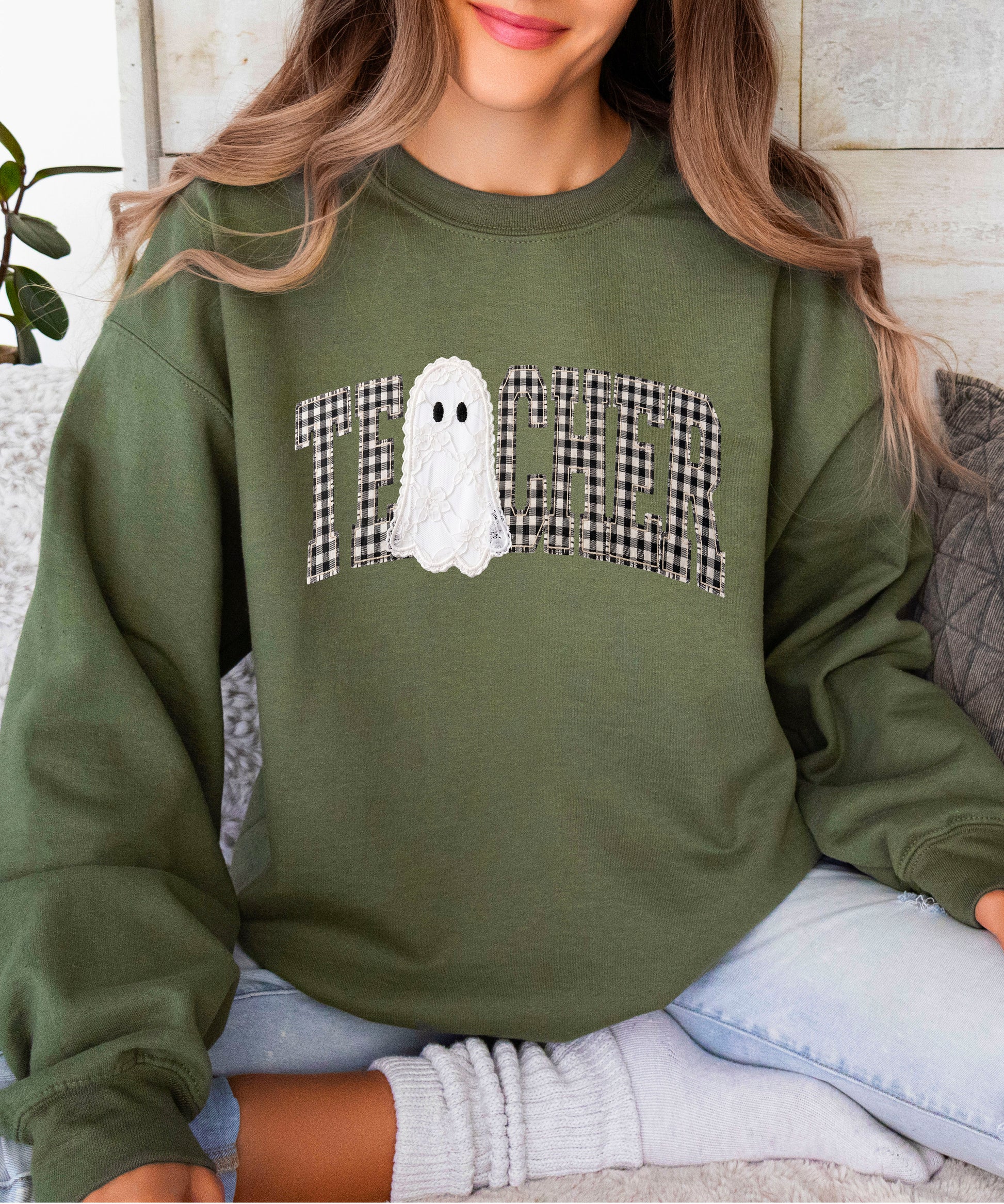 Army green teacher Halloween crewneck sweatshirt detail view