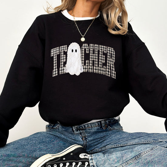 Black teacher Halloween crewneck sweatshirt detail view