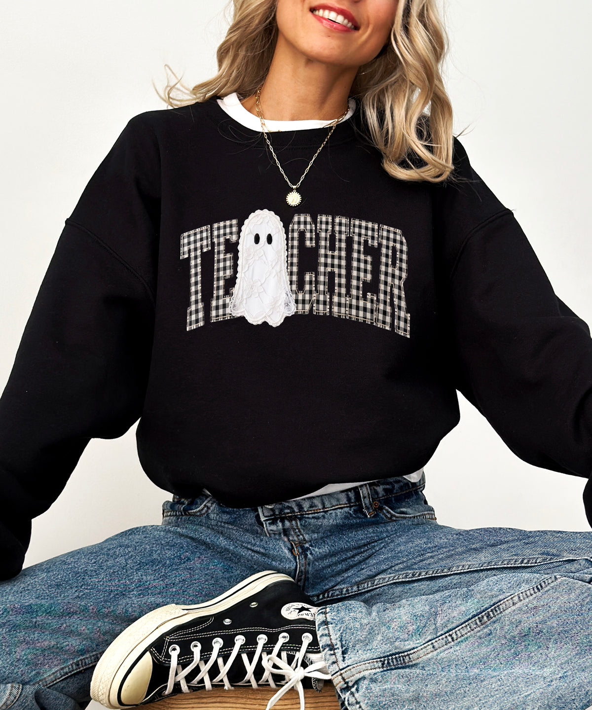 Black teacher Halloween crewneck sweatshirt detail view