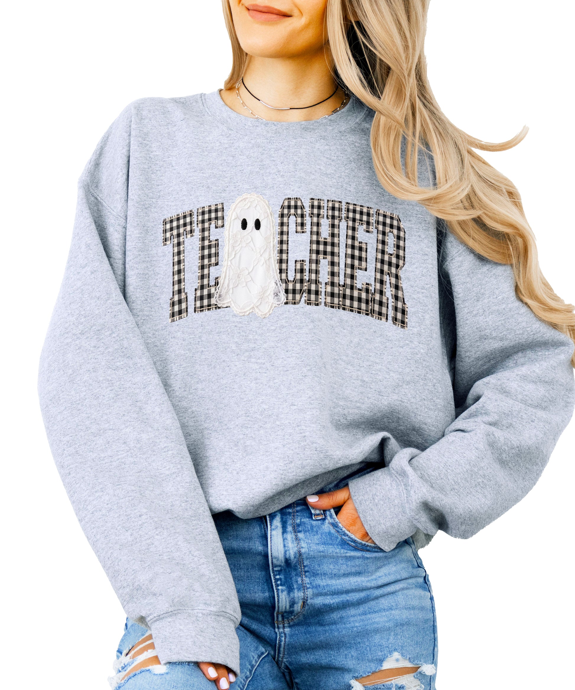 Gray crewneck sweatshirt with ink-printed gingham checkered TEACHER lettering and lace-look ghost, front view