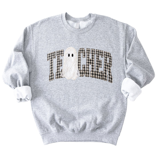 Gray teacher Halloween crewneck sweatshirt styled lifestyle view