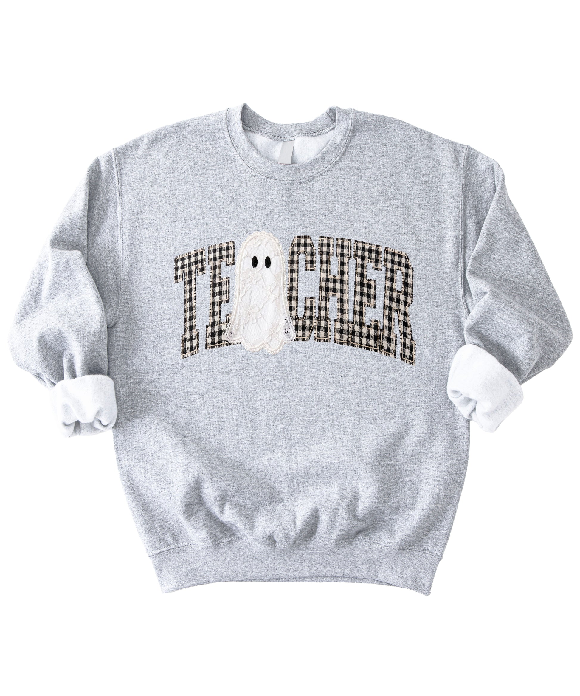 Gray teacher Halloween crewneck sweatshirt styled lifestyle view
