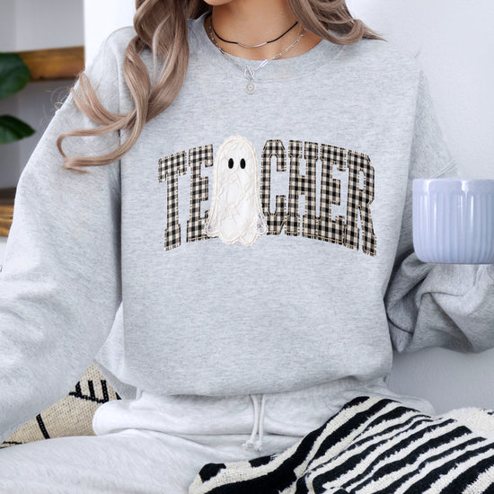 Gray teacher Halloween crewneck sweatshirt detail view