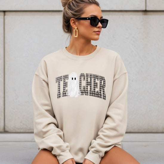 Sand teacher Halloween crewneck sweatshirt detail view