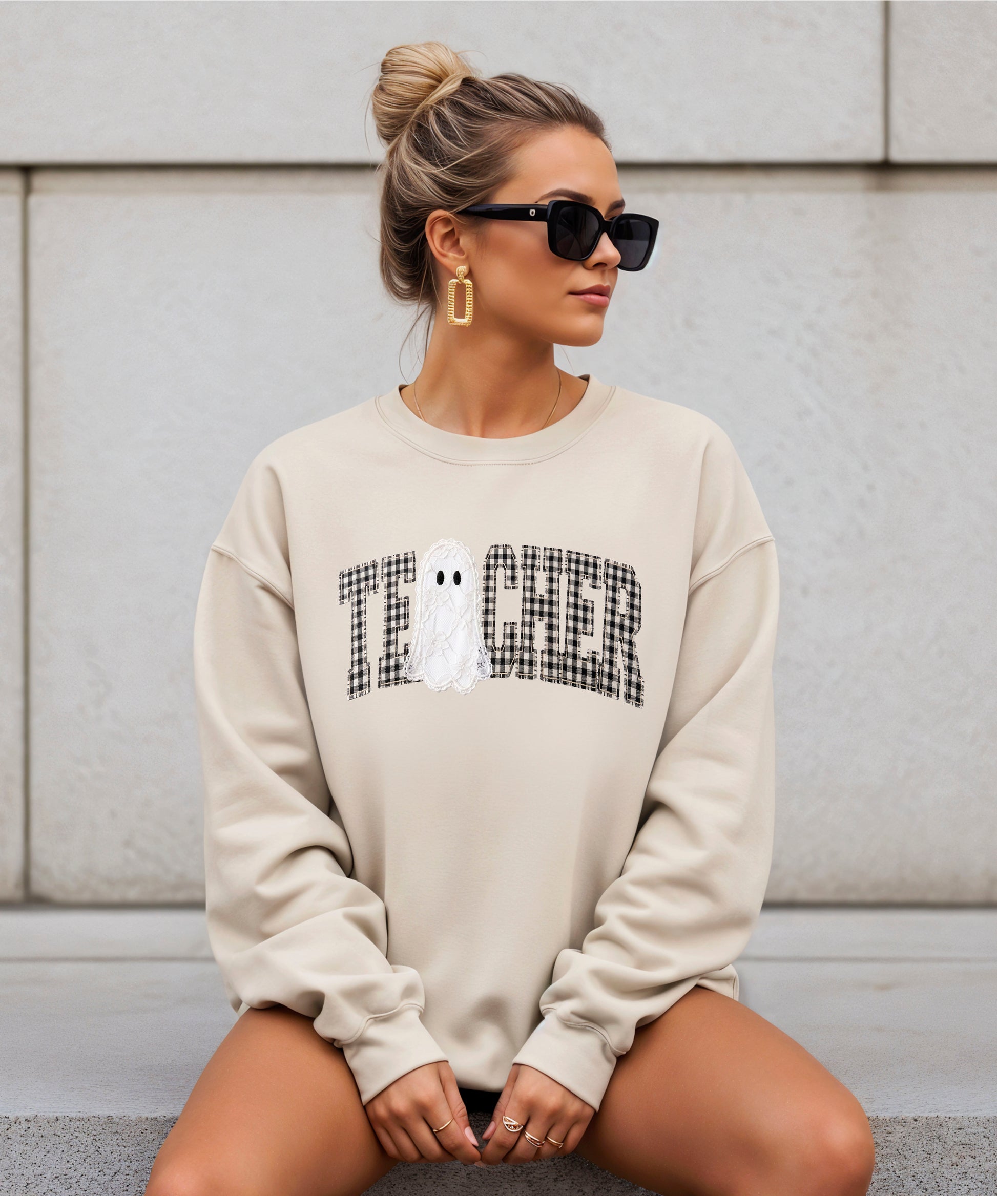 Sand teacher Halloween crewneck sweatshirt detail view