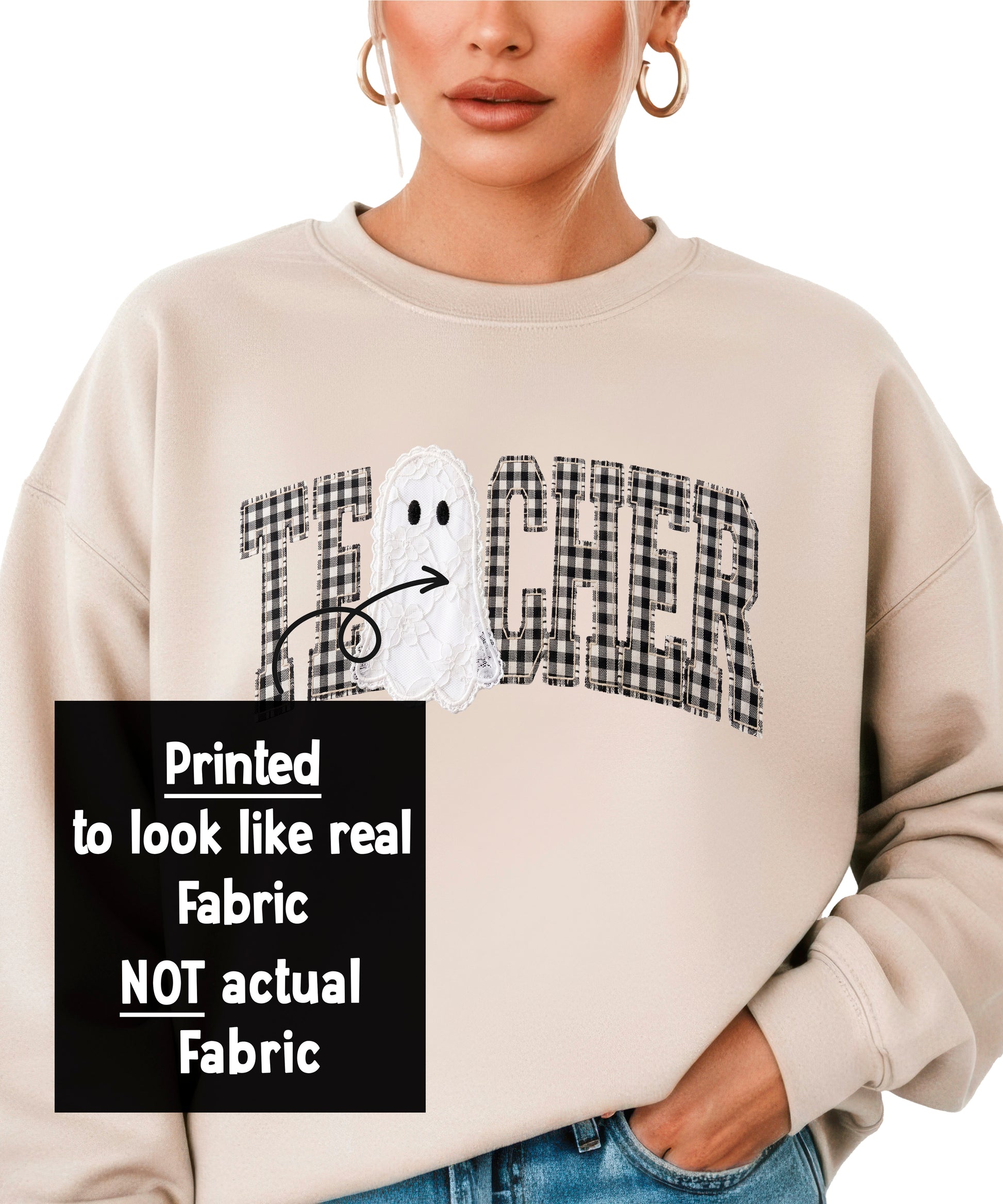 Close-up of the ink-printed gingham checkered TEACHER graphic with lace-look ghost