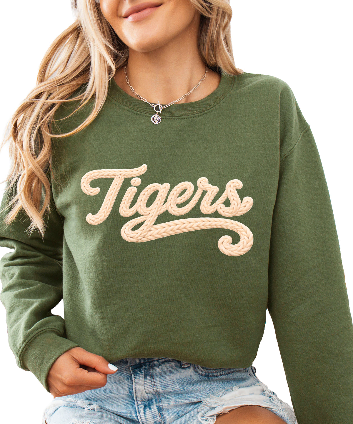 Tigers ink-printed yarn look crewneck sweatshirt in Army Green