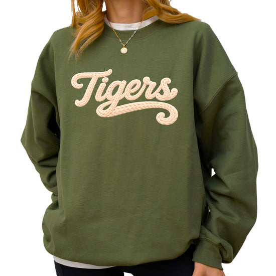 Tigers ink-printed yarn look crewneck sweatshirt in Army Green