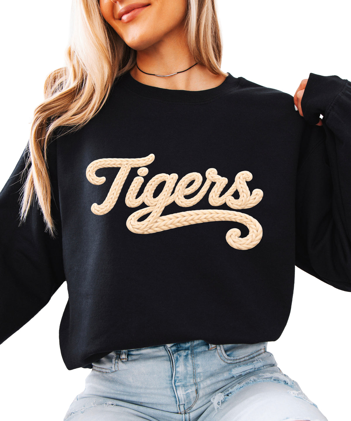 Tigers ink-printed yarn look crewneck sweatshirt in Black