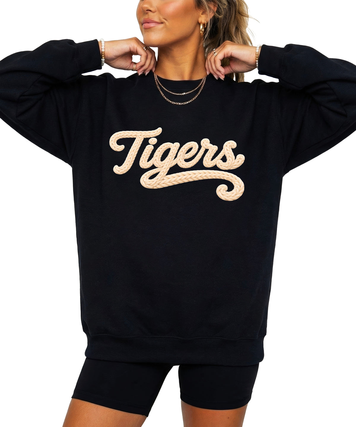 Tigers ink-printed yarn look crewneck sweatshirt in Black