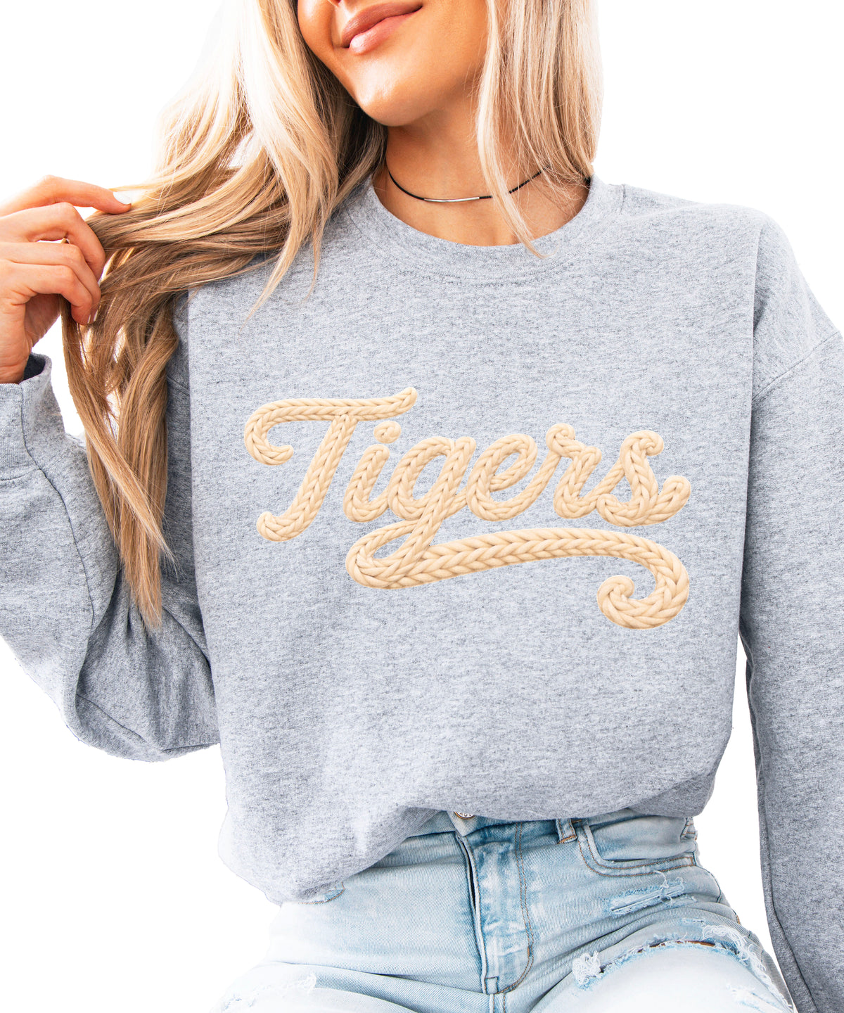 Tigers ink-printed yarn look crewneck sweatshirt in Gray
