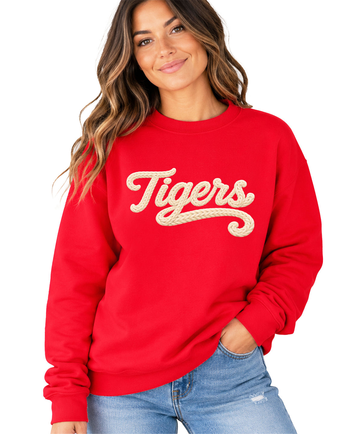 Tigers ink-printed yarn look crewneck sweatshirt in Red