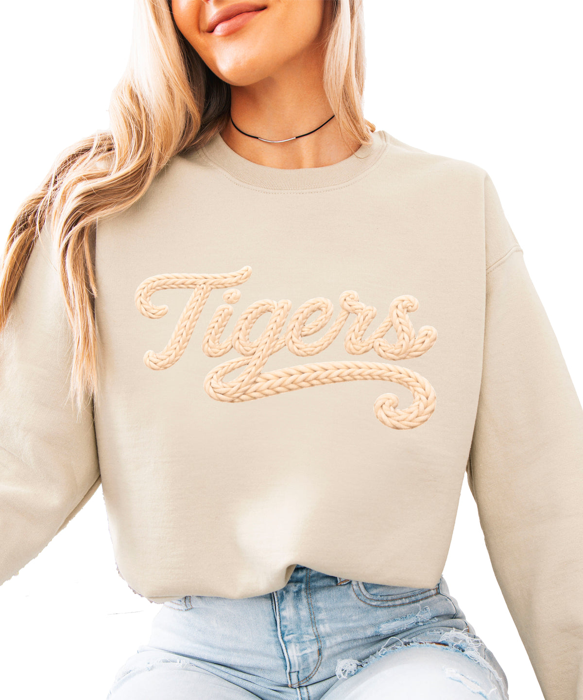 Tigers ink-printed yarn look crewneck sweatshirt in Sand