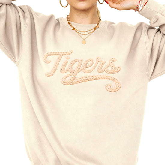 Tigers ink-printed yarn look crewneck sweatshirt in Sand