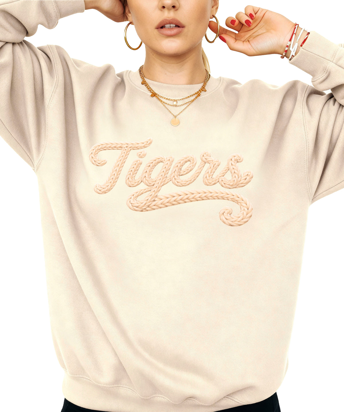 Tigers ink-printed yarn look crewneck sweatshirt in Sand