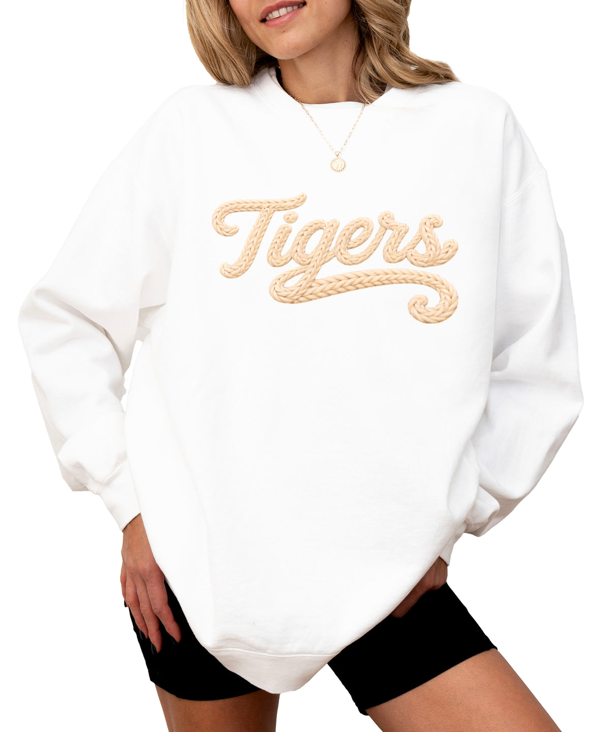 Tigers ink-printed yarn look crewneck sweatshirt in White
