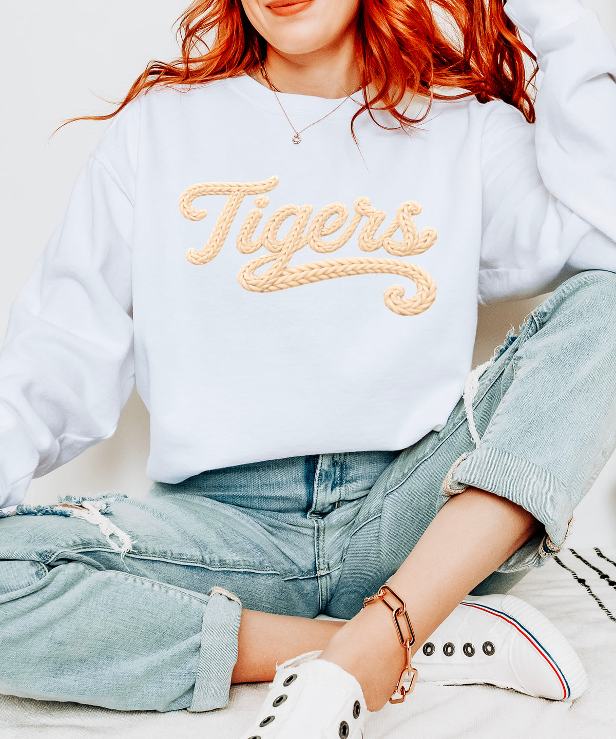 Tigers ink-printed yarn look crewneck sweatshirt in White