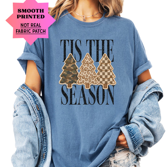 Tis the Season Christmas tree tee in blue jean, camo leopard and checkered faux patch trees, Comfort Colors, photo 2