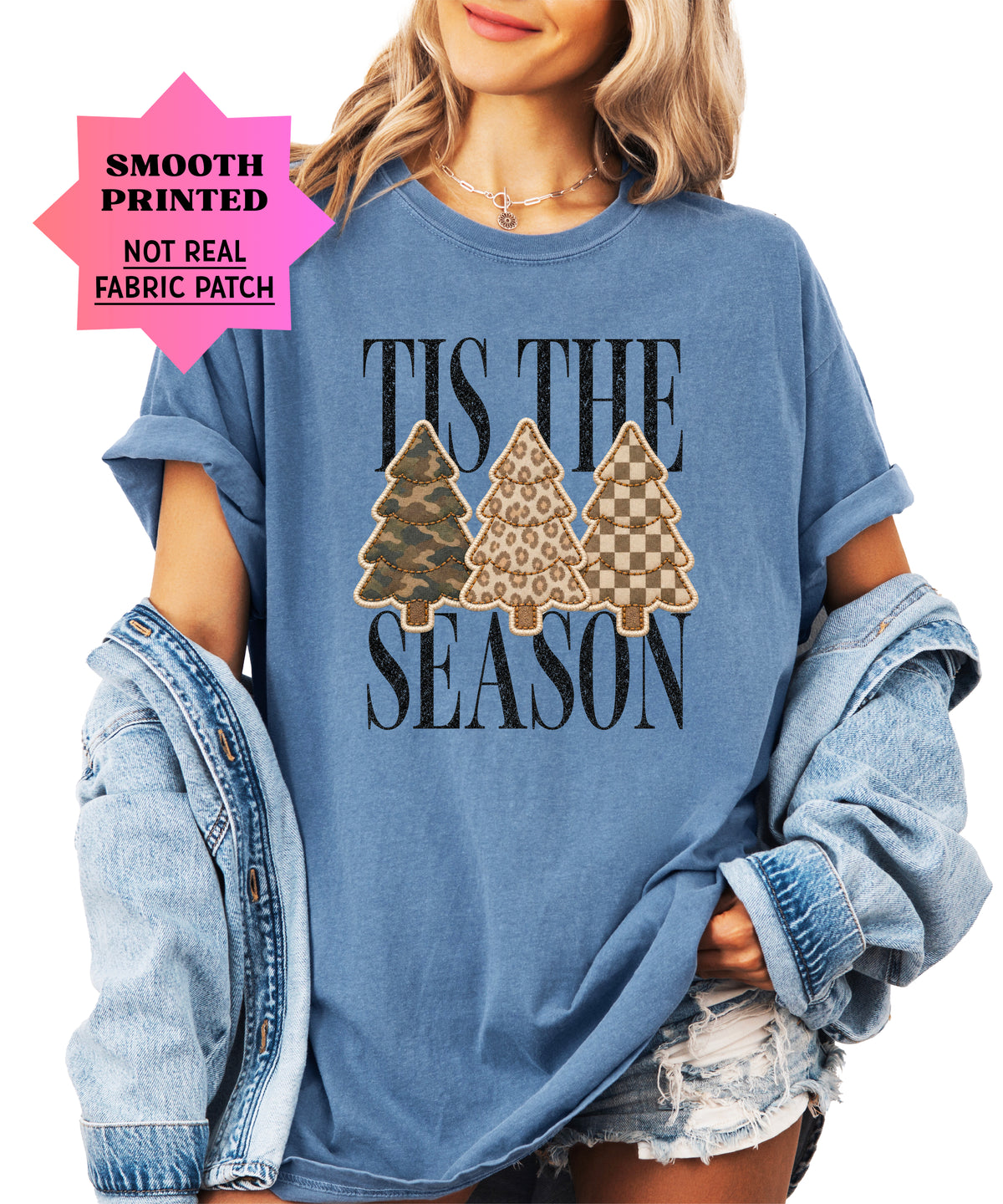 Tis the Season Christmas tree tee in blue jean, camo leopard and checkered faux patch trees, Comfort Colors, photo 2