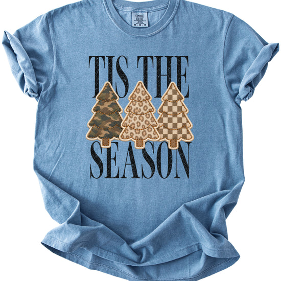 Tis the Season Christmas tree tee in blue jean, camo leopard and checkered faux patch trees, Comfort Colors, photo 3