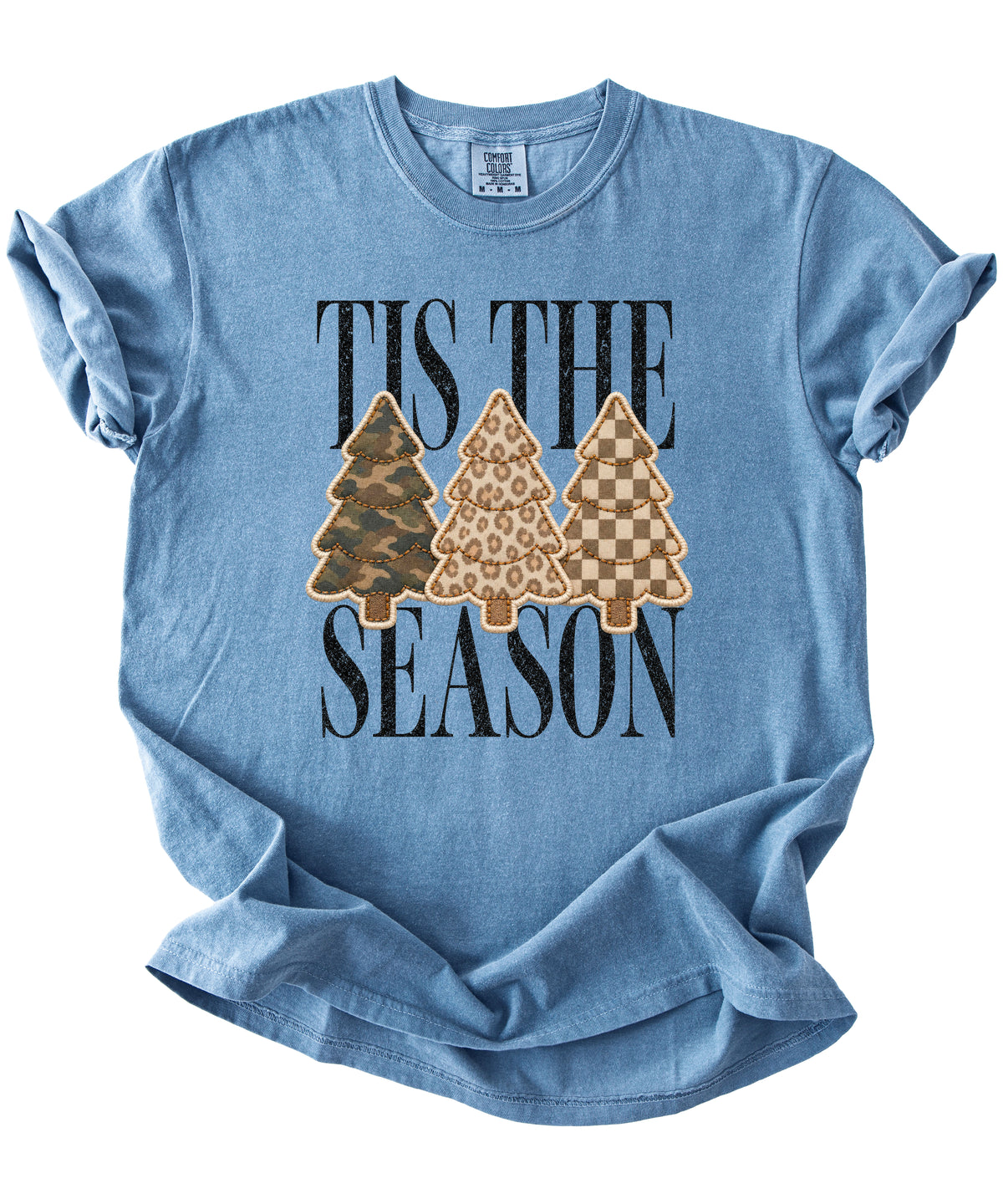 Tis the Season Christmas tree tee in blue jean, camo leopard and checkered faux patch trees, Comfort Colors, photo 3