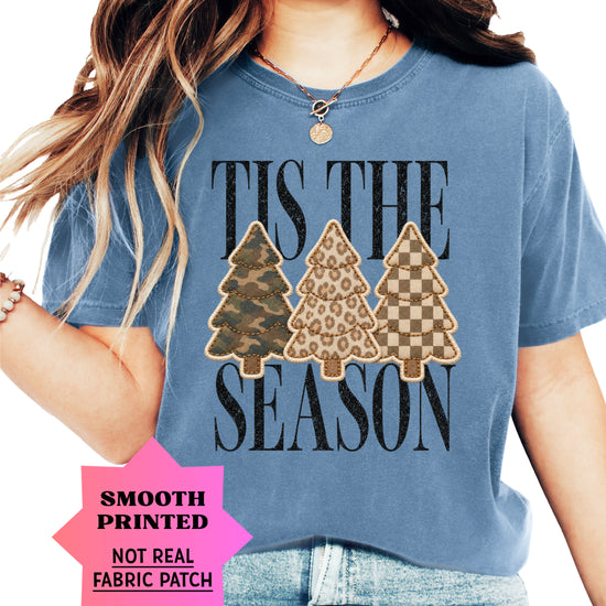 Tis the Season Christmas tree tee in blue jean, camo leopard and checkered faux patch trees, Comfort Colors, photo 4