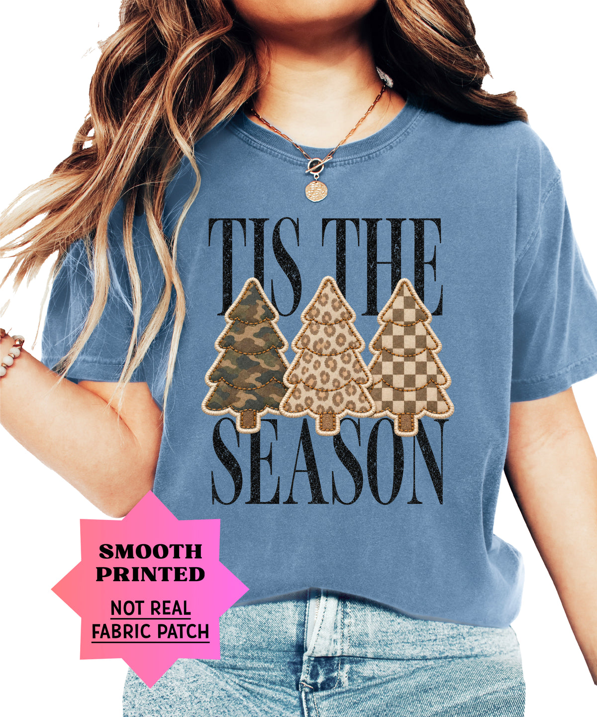Tis the Season Christmas tree tee in blue jean, camo leopard and checkered faux patch trees, Comfort Colors, photo 4
