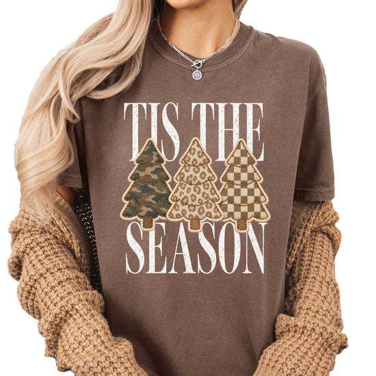 Tis the Season Christmas tree tee in espresso, camo leopard and checkered faux patch trees, Comfort Colors, front view