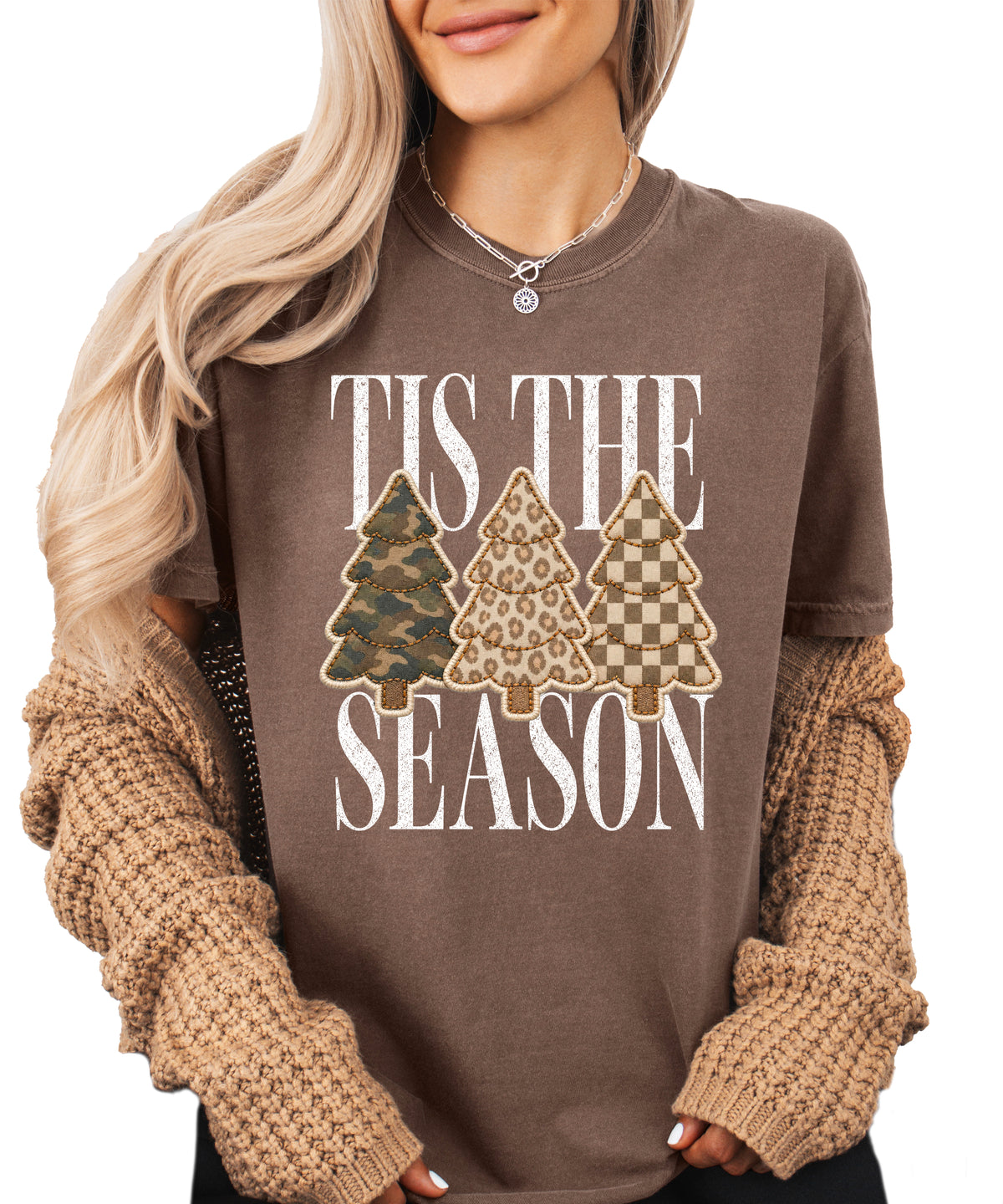 Tis the Season Christmas tree tee in espresso, camo leopard and checkered faux patch trees, Comfort Colors, front view