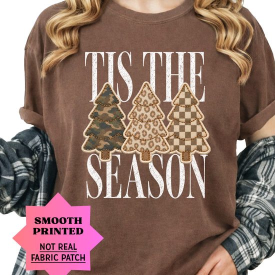 Tis the Season Christmas tree tee in espresso, camo leopard and checkered faux patch trees, Comfort Colors, photo 2