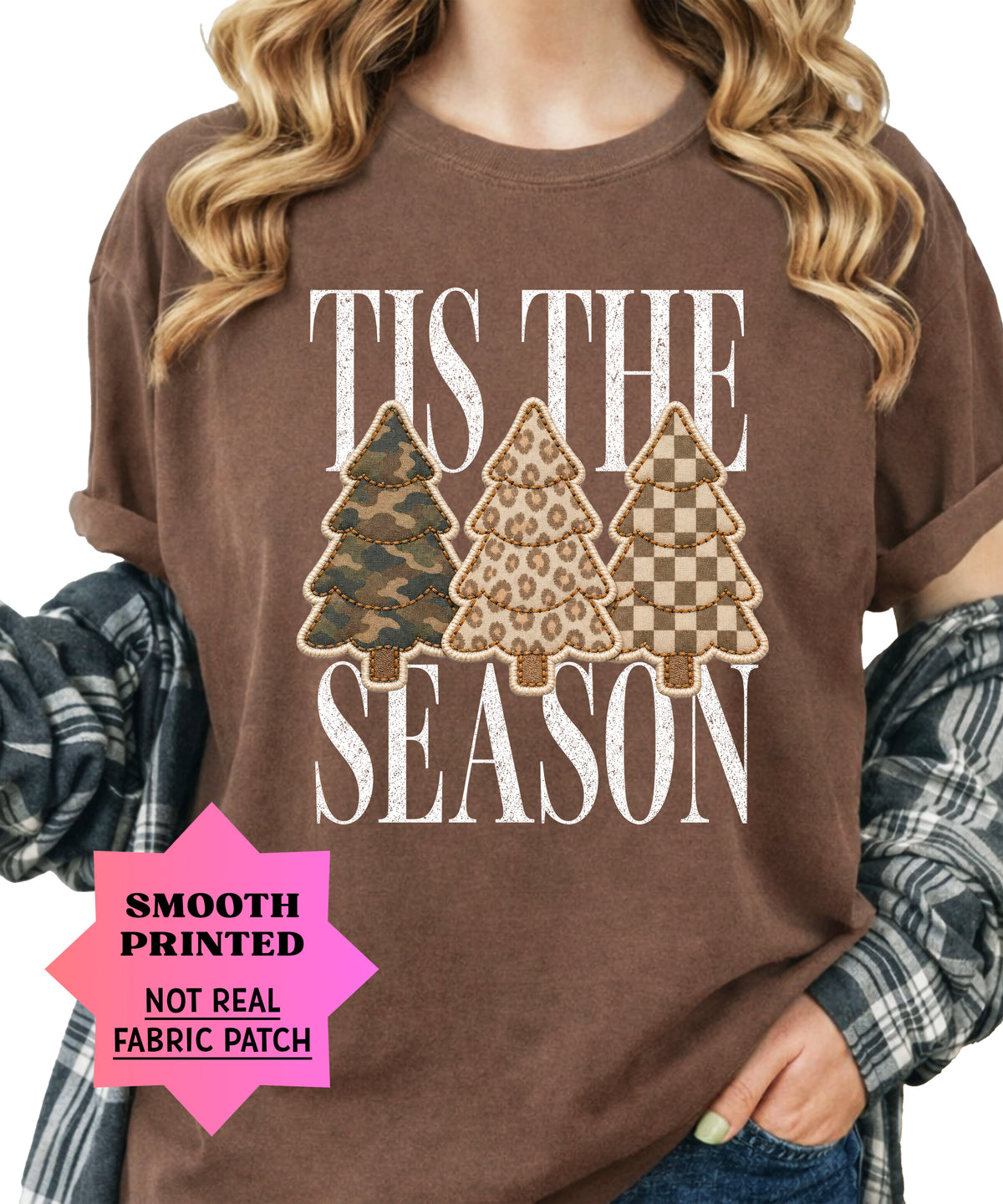 Tis the Season Christmas tree tee in espresso, camo leopard and checkered faux patch trees, Comfort Colors, photo 2