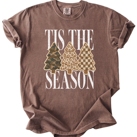 Tis the Season Christmas tree tee in espresso, camo leopard and checkered faux patch trees, Comfort Colors, photo 3