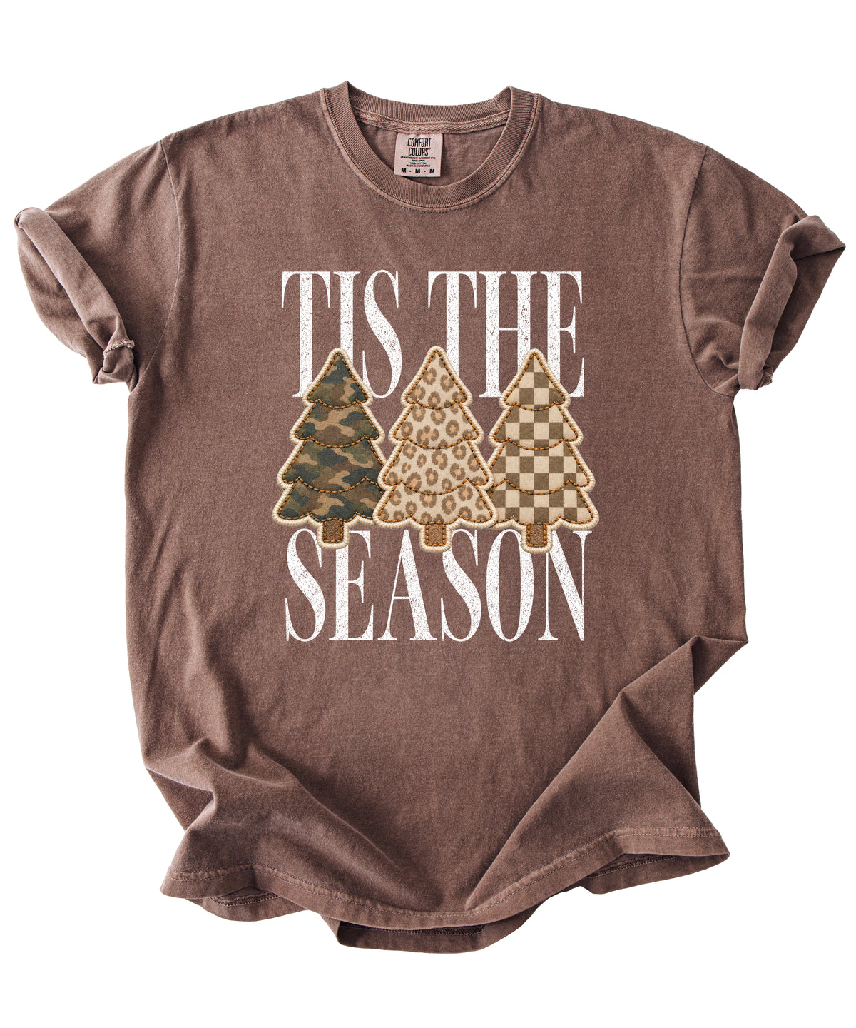 Tis the Season Christmas tree tee in espresso, camo leopard and checkered faux patch trees, Comfort Colors, photo 3