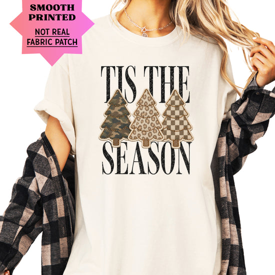 Tis the Season Christmas tree tee in ivory, camo leopard and checkered faux patch trees, Comfort Colors, photo 2