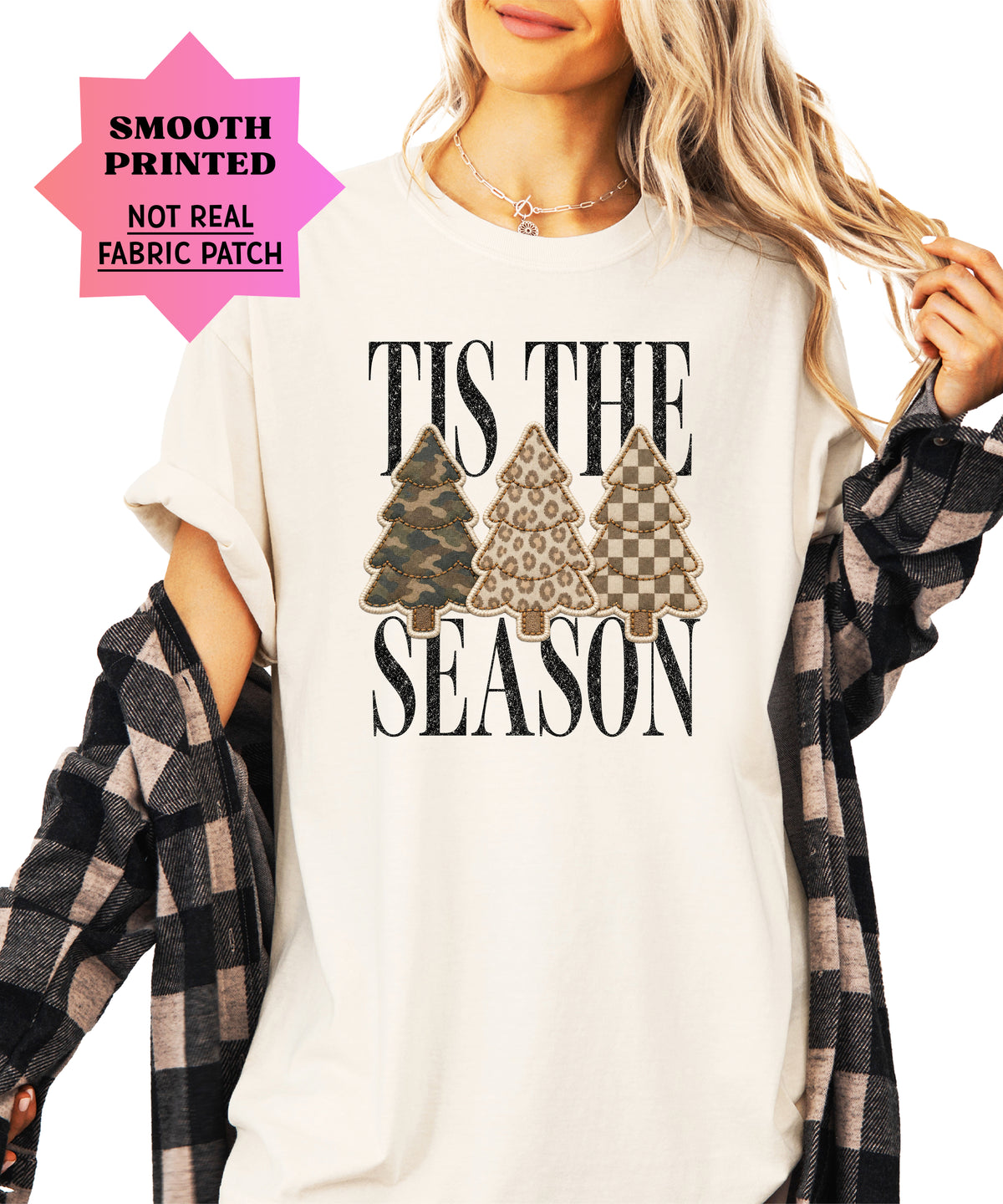 Tis the Season Christmas tree tee in ivory, camo leopard and checkered faux patch trees, Comfort Colors, photo 2