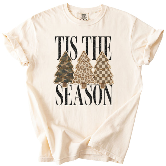 Tis the Season Christmas tree tee in ivory, camo leopard and checkered faux patch trees, Comfort Colors, photo 3
