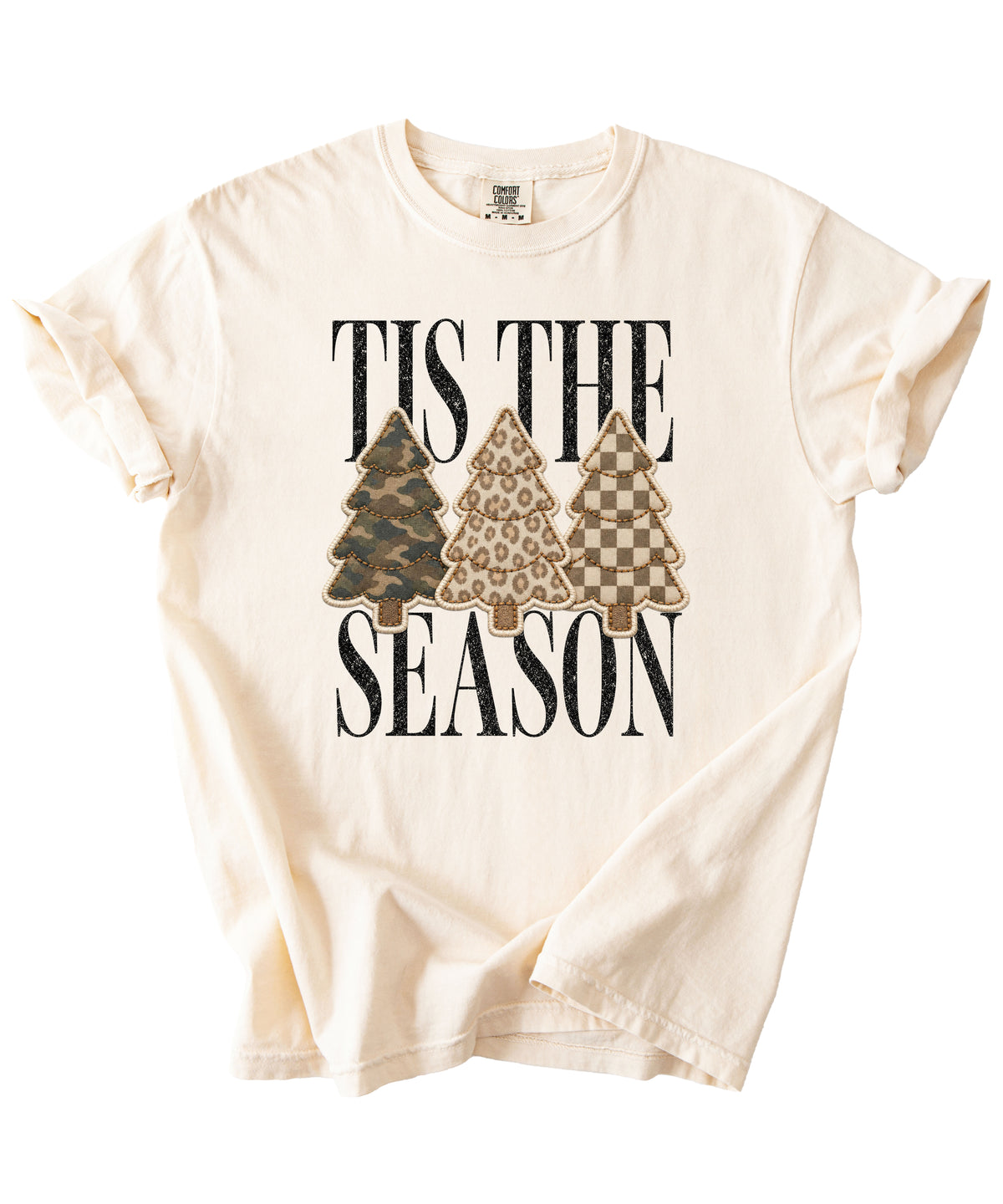 Tis the Season Christmas tree tee in ivory, camo leopard and checkered faux patch trees, Comfort Colors, photo 3