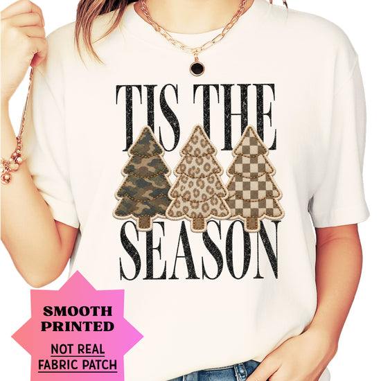Tis the Season Christmas tree tee in ivory, camo leopard and checkered faux patch trees, Comfort Colors, photo 4